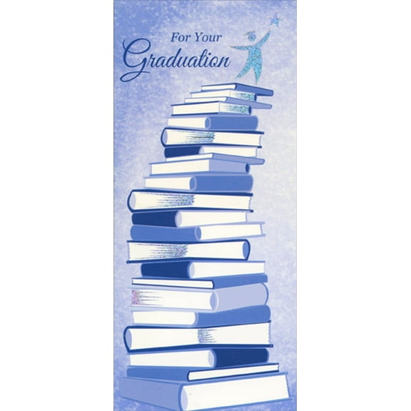 Designer Greetings Silver Foil Grad and Star on Top Of Tall Stack of Blue Books Money Holder / Gift Card Holder Graduation Congratulations Card
