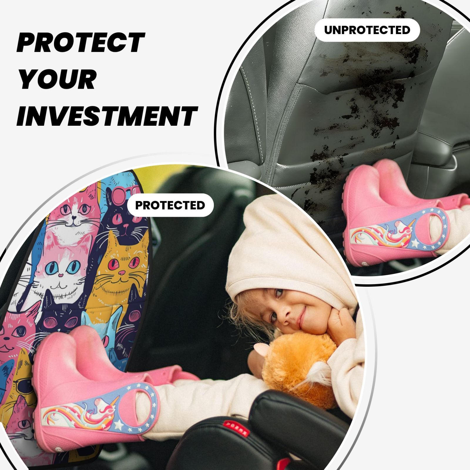 Kdxio Colorful Cats Pattern Art Print 2 Pack Car Kick Mat Seat Cover Back Protector Mat with Pockets for Organizer Backseat Protector and Storage Anti Kick Pad for Vehicles