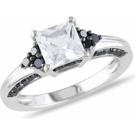 1-1/3 Carat T.G.W. Created White Sapphire and 3/8 Carat T.W. Black Diamond Sterling Silver Engagement Ring
