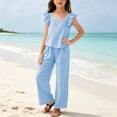 thumbnail image 2 of Miluxas Girls' Gingham 2-Piece Set - Ruffle Sleeve Top & Wide Leg Pants, Lightweight Plaid Outfit for Beach & Summer Wear Blue 11 Years, 2 of 8