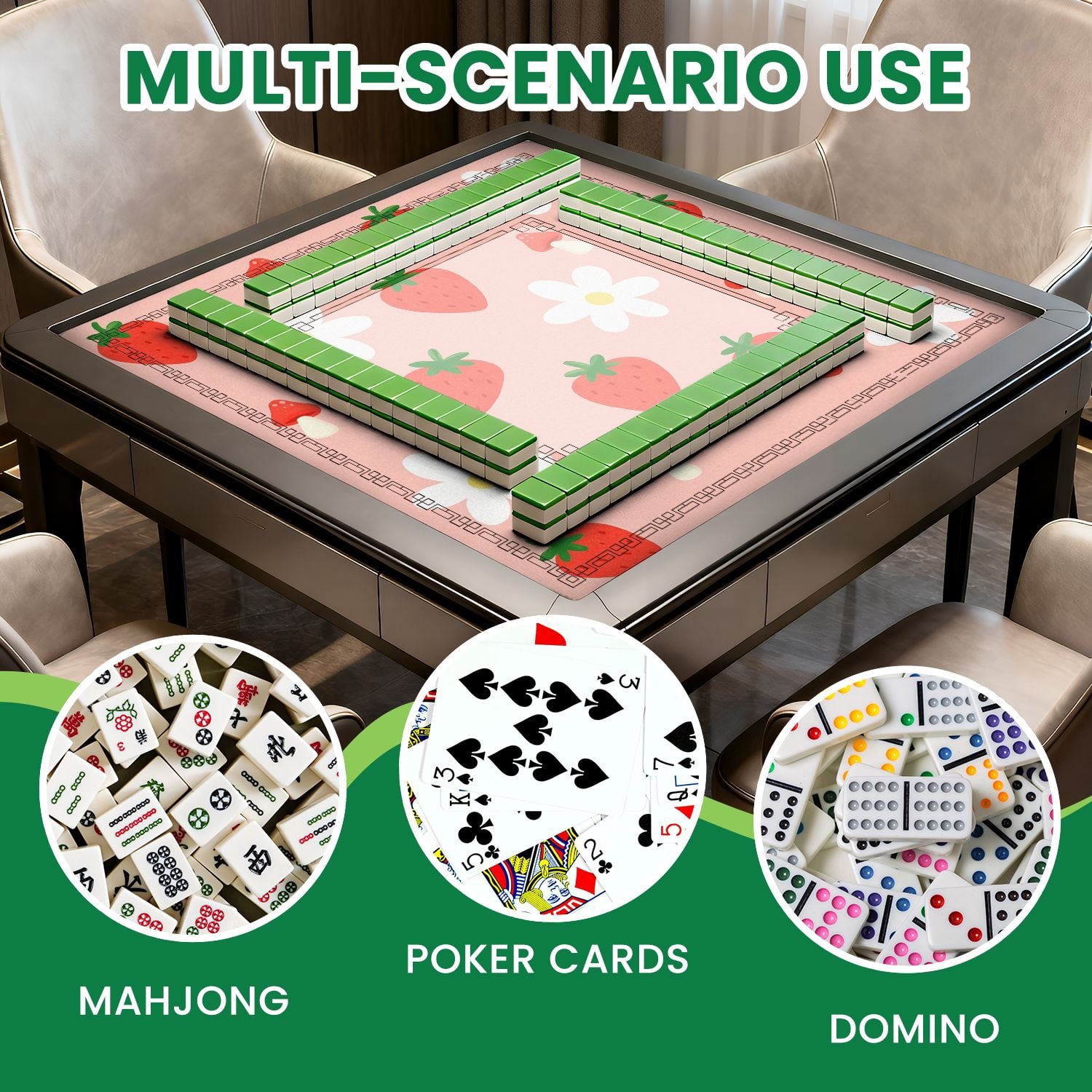 Mahjong Mat 31.5" x 31.5" Cute Strawberry Flower Mushrooms Pink Non-Slip Noise Reduction American Mahjong Tiles Table Cover for Dominoes Poker Card Board Games Gift