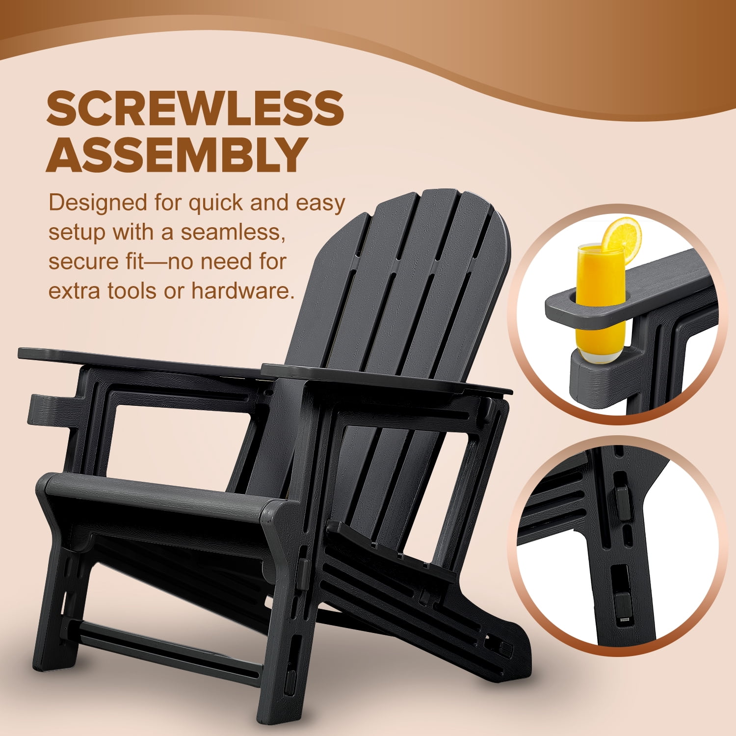 Adirondack Chair, Weather-Resistant HDPE, Tool-Free 5-Min Assembly, Patio/Fire Pit/Lawn Use, Black