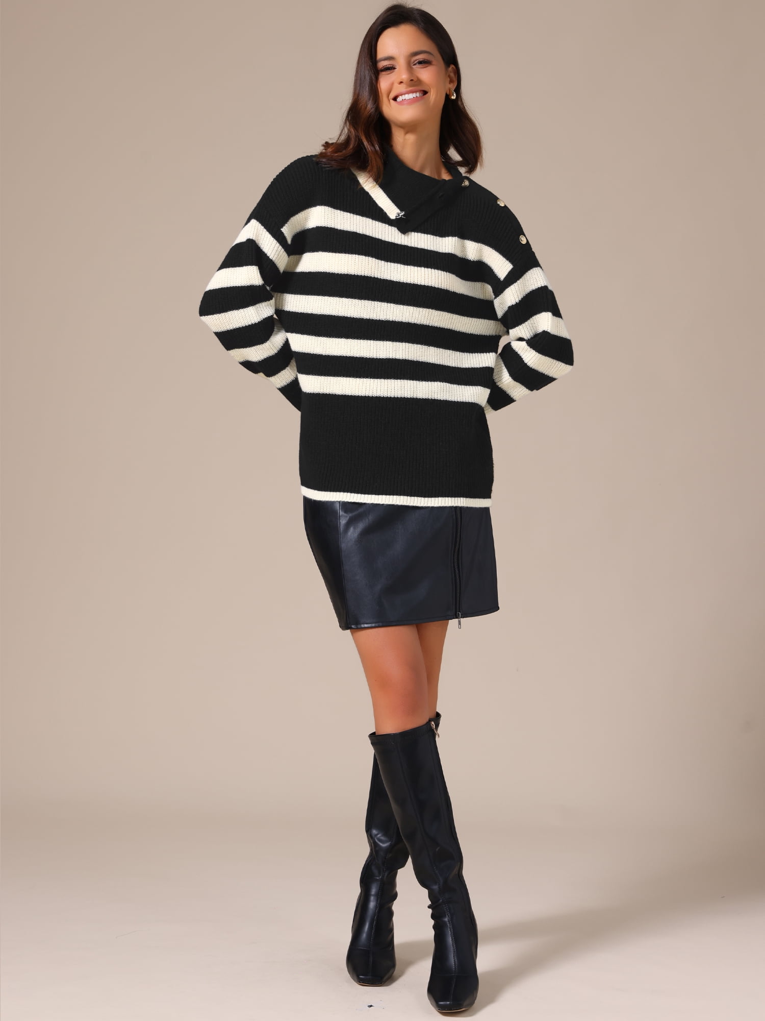DARING DIVA Women's Long Sleeve Pullover Striped Color Block Sweater M Black