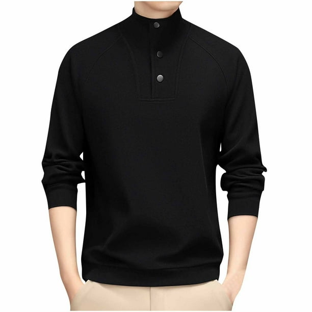 Blusa y camisa de manga larga con cuello alto para hombre, informal, de color liso, con botones, cuello alto, capa inferior, abrigo de poliéster de manga larga para hombre