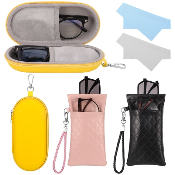 Bocaoying 3-Pack Eyeglass Case and Pouch Set, EVA Hard Shell Travel Sunglass Case, 2-Pack PU Leather Soft Glasses Pouches with Microfiber Cleaning Cloths for Travel, Work, and Daily Use