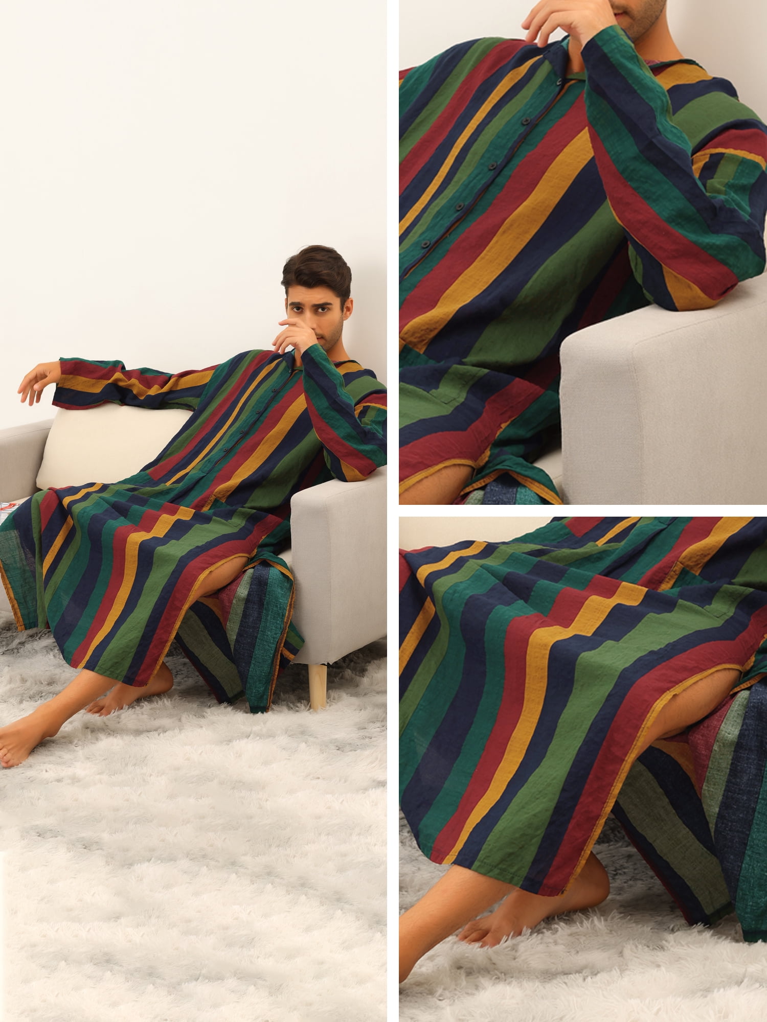 Unique Bargains Men's Striped Nightshirt Long Sleeves Button Nightgown Henley Shirts S Multicolor