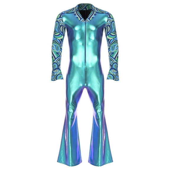 TiaoBug 70s Disco Outfit for Men Lapel V Neck Flare Long Sleeve Jumpsuit Rock Jazz Music Party Blue XXL