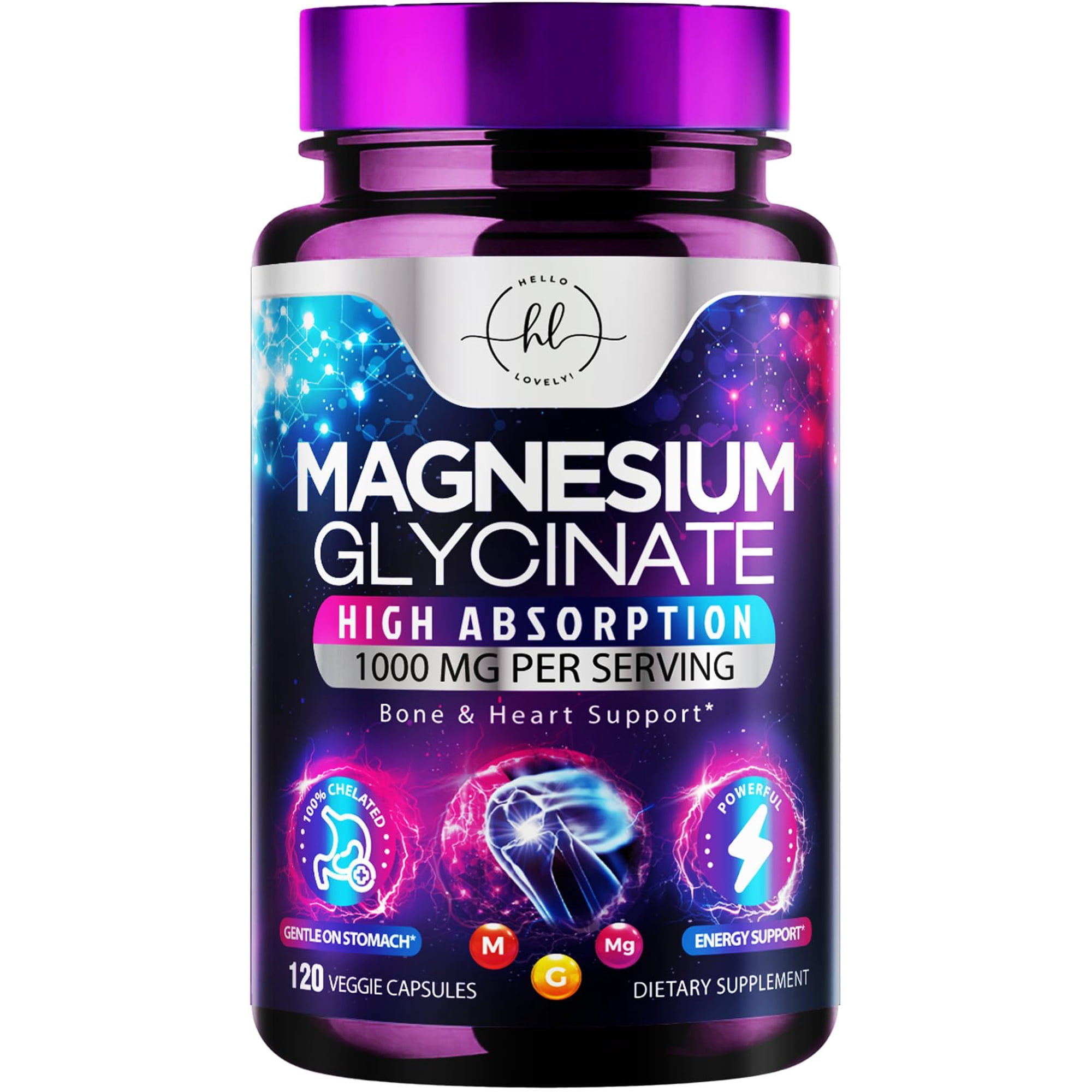 Magnesium Glycinate Supplement - 100% Chelated & Purified - to Support Sleep, Heart Health, Muscles, & Bone Strength - Gentle, High Absorption Magnesium Formula - Vegan, Bottled in USA - 120 Capsules