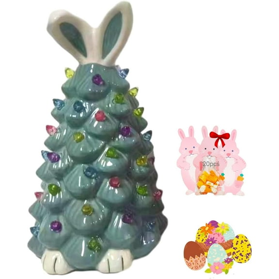 HeaCare Easter Pink Bunny Tree, Glowing Bunny Imitation Ceramic Tree, Resin Bunny Figurine with Colorful Lamp, Pre-Lit Light Up Tree with Rabbit Ears, Easter Night Light for Easter Decorations