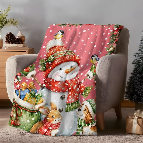 Winter Snowman Throw Flannel Blanket Christmas Red Knit Beanie Puppy Dog Rabit Pink Super Soft Cozy Bed Blanket, Lightweight Plush Fuzzy Bed Throw for Bedroom Sofa Couch Living Room 60x80in