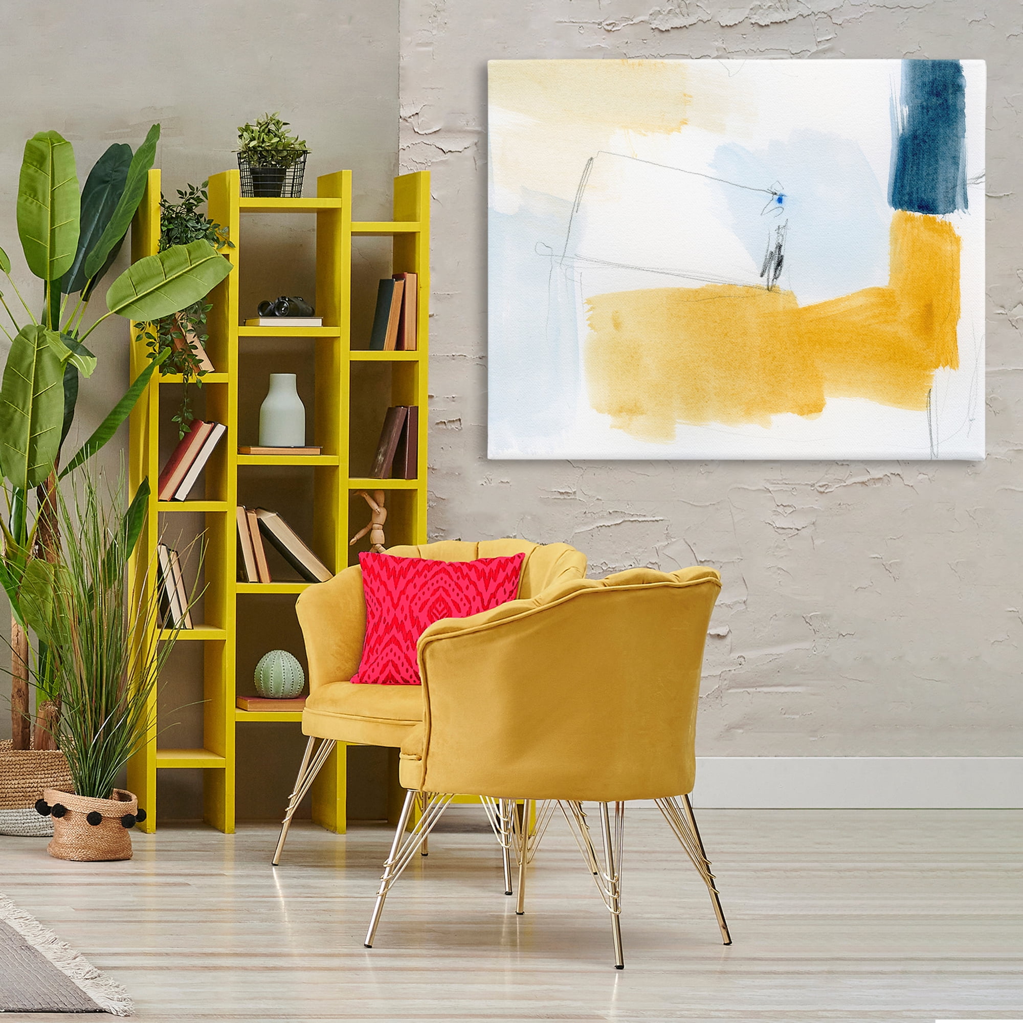 Stupell Industries Yellow & Blue Abstract Abstract Painting Gallery Wrapped Canvas Art Print Wall Art, 48 x 36