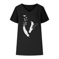 thumbnail image 4 of Summer Cotton Linen Tops for Women Feather Graphic V Neck Short Sleeve T Shirts Dressy Casual Loose Fit Blouses (XL, Black), 4 of 6