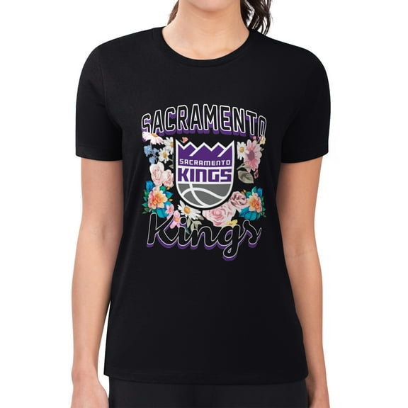 Women's G-III 4Her by Carl Banks Black Sacramento Kings Super-Slim Fit Lightweight Flowers Team Logo Graphic T-Shirt