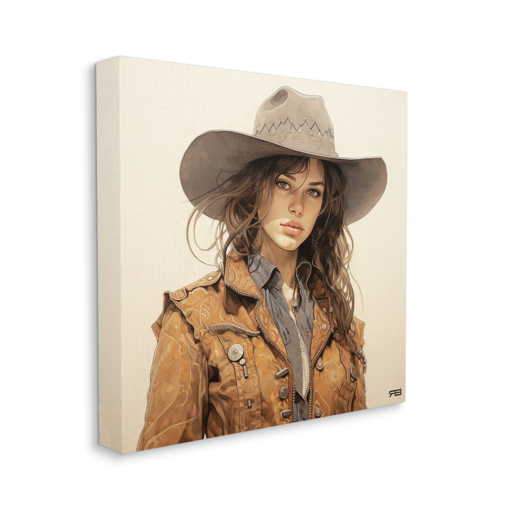 Stupell Industries Brunette Cowgirl on Beige Abstract Painting Gallery Wrapped Canvas Art Print Wall Art, 17 x 17