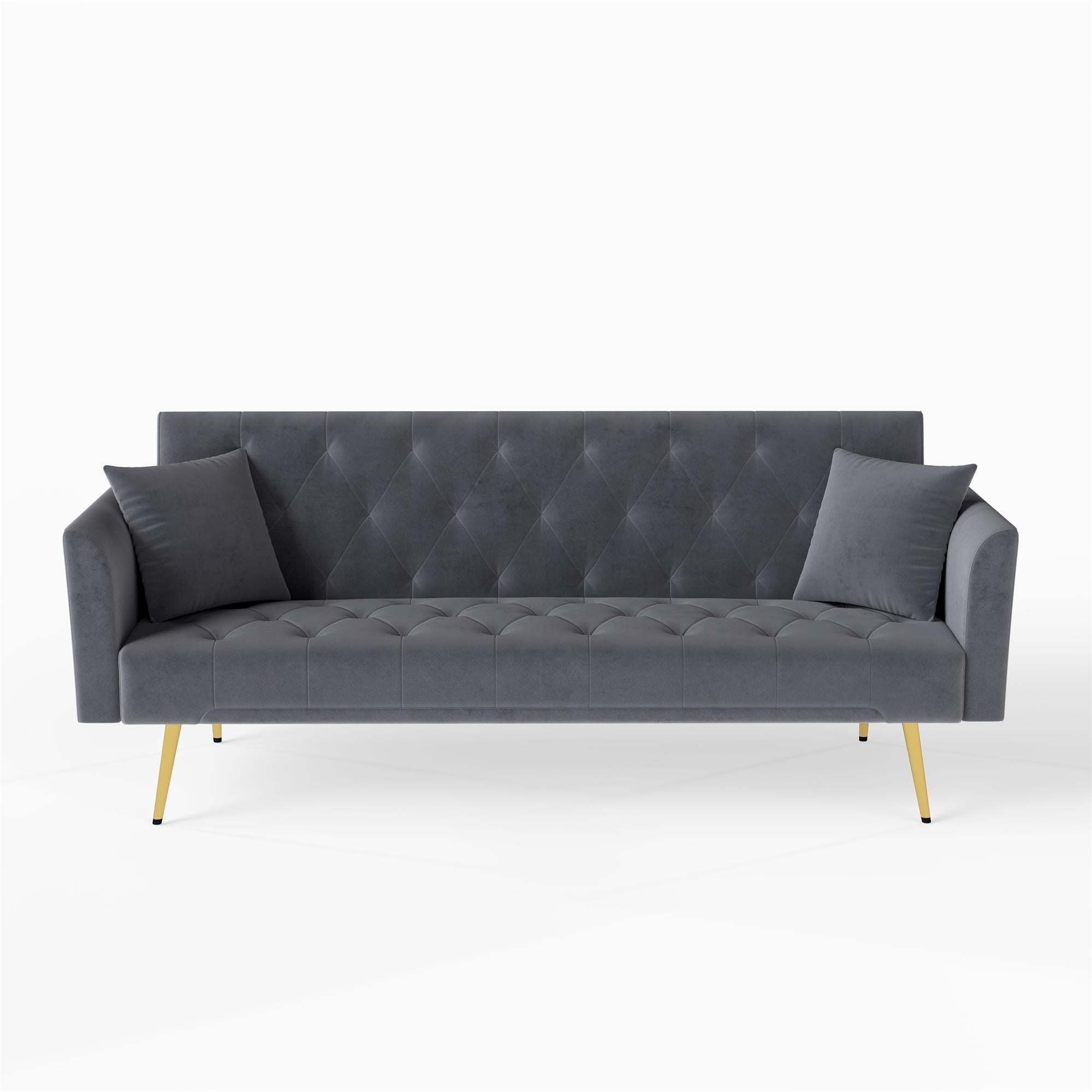 Aukfa 72" Tufted Futon Convertible Sofa Bed for Home Office, 2 Pillows, Velvet, Gray