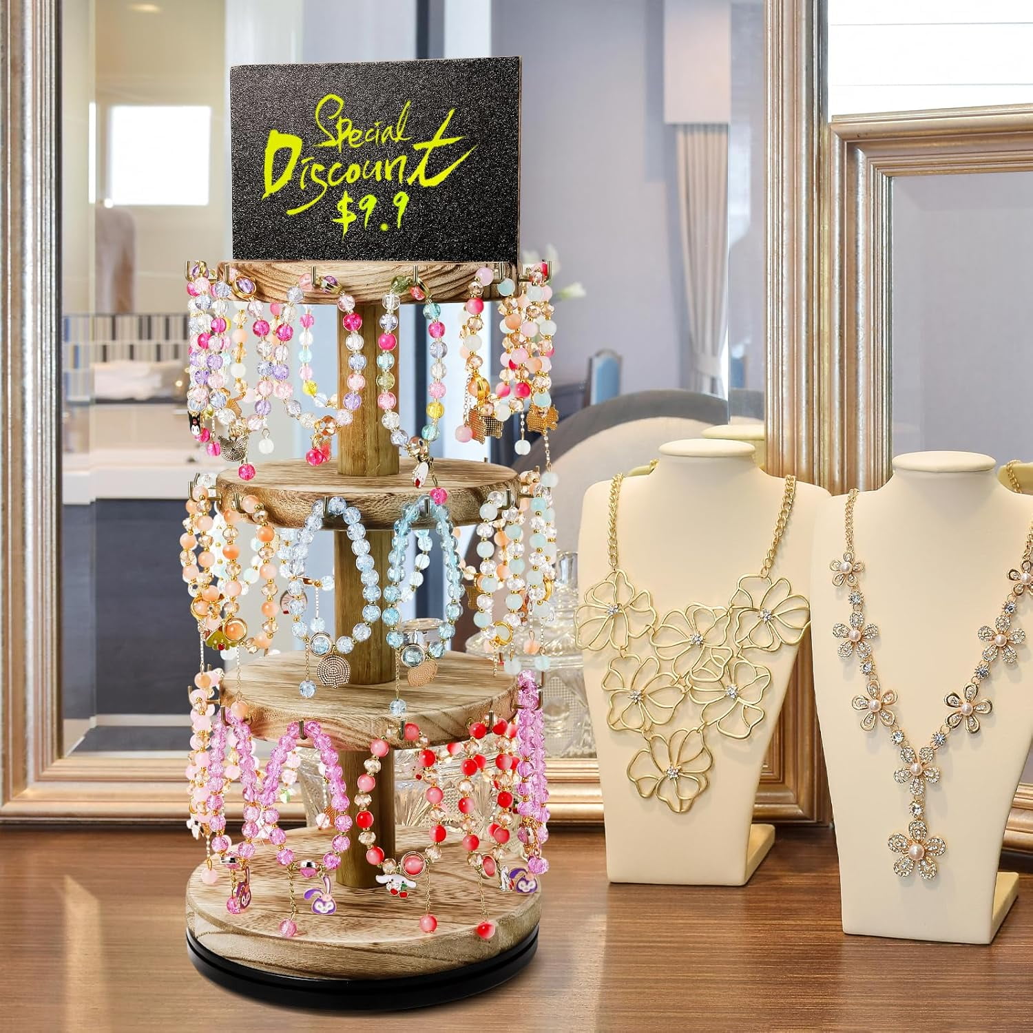 3 Tier Bracelet Display Stand | Beige Velvet Jewelry Holder For Bangles, Watches, Necklaces & Hair Ties