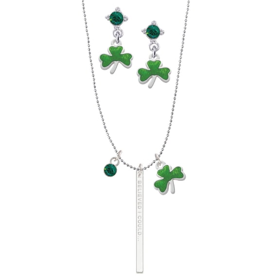 Delight Jewelry Silvertone I Believed I Could Thin Bar Green Shamrock Necklace and Clover Earrings Jewelry Set