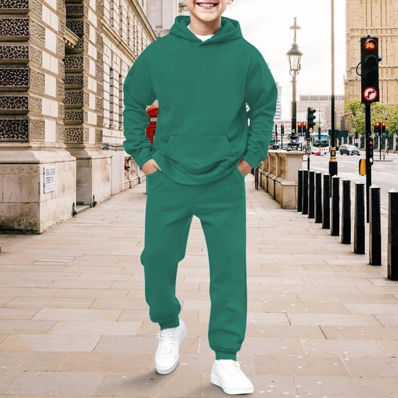 CCRFTGI Sweatsuit for Boys 2 Piece 10-12 Athletic Casual Tracksuit Jogging Fall Spring Long Sleeve Hooded Sweatshirt and Jogger Sweatpants Clothing Sets Green 7-8Y