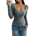 thumbnail image 3 of Womens Long Sleeve Shirts Square Neck Ribbed Knit Crop Tops Fall Outfits Fashion Clothes Grey XL, 3 of 9