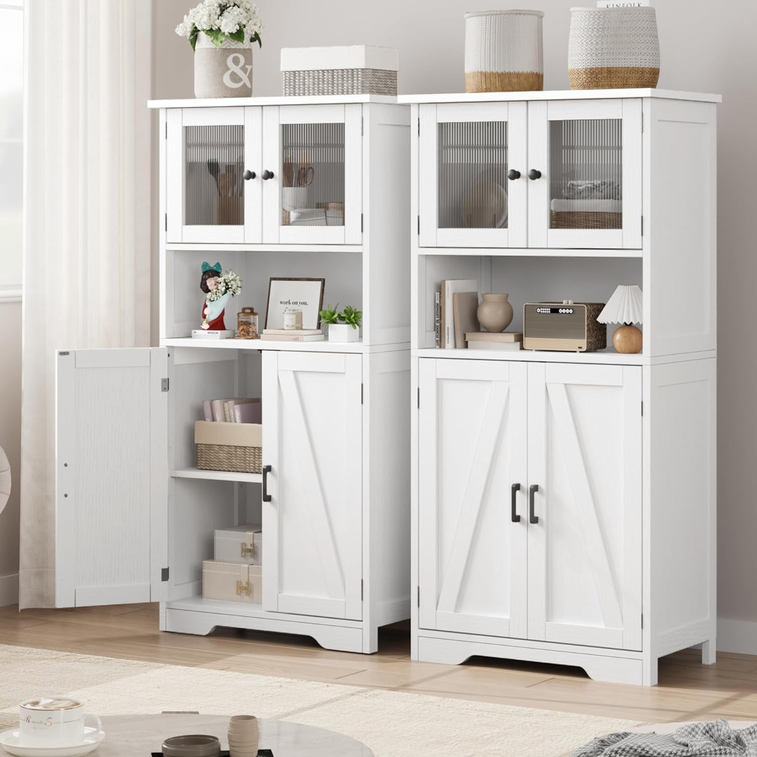 Freestanding Linen Storage Cabinet with Glass Doors, Versatile Kitchen Pantry and Living Room Cupboard with Adjustable Shelves (White)