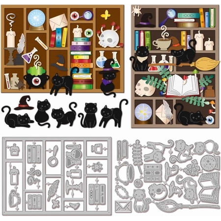 Magic Cat Cutting Dies for DIY Scrapbooking Metal Bookshelf Cut Dies Magic Broom Die Cuts for Card Making Embossing Photo Album Craft Decor