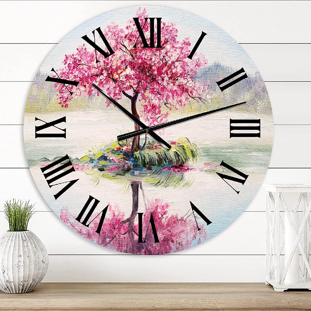 Lake House Wall Clock 'Oriental Cherry Tree Sakura On The Lake