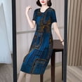 thumbnail image 4 of Xioeram Summer Women Dress Round Neck Short Sleeves Vintage Print Slim Fit Knee Length Pleated Mid-aged Women Office Prom Party Midi Dress, 4 of 7