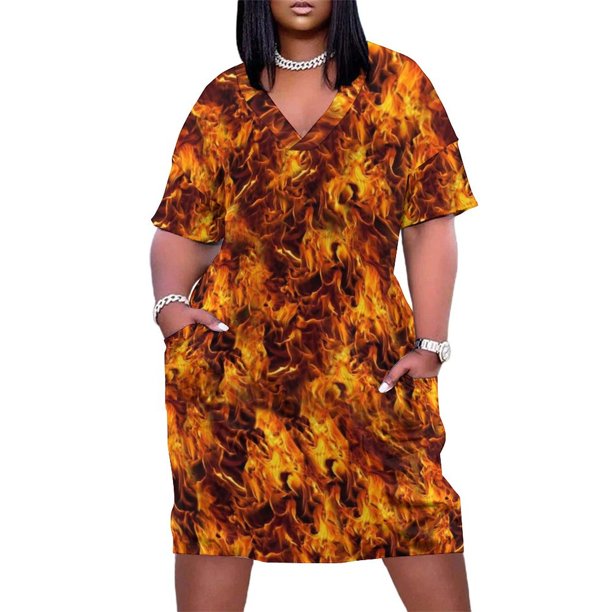 Vestido holgado con bolsillos y estampado de fuego y llamas, vestido de lujo para mujer, vestidos de noche para mujer