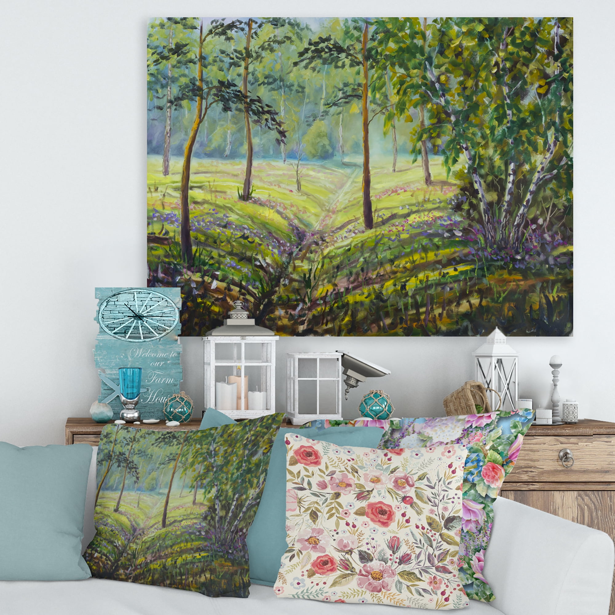 Designart ' Bushes and Pine Trees In The Forest I ' Lake House Canvas Wall Art Print