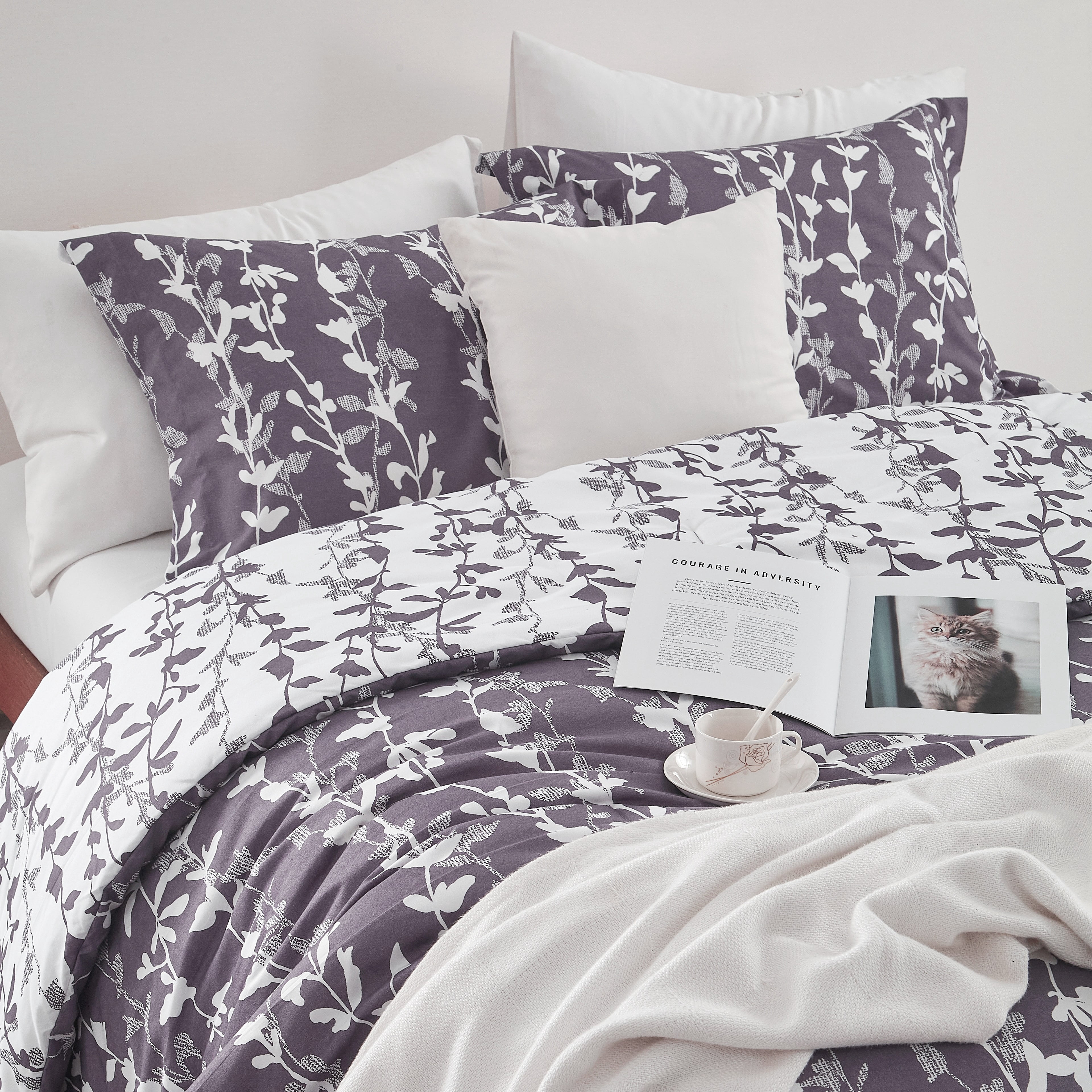 Nanshing 3 Piece Grayish Purple Comforter Set, Queen Size Solid Microfiber Print Bedding Set,All Season Leaves Bedding