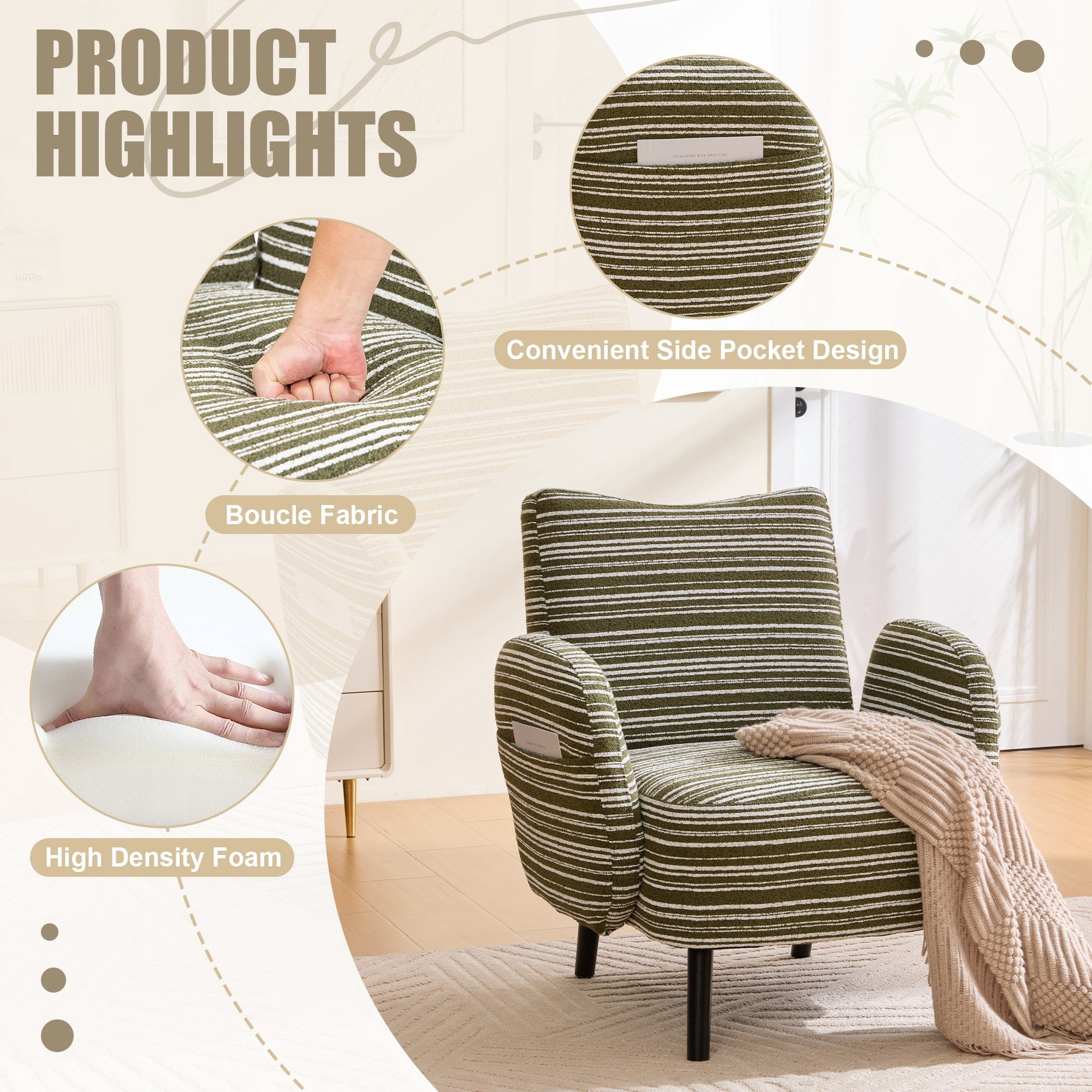 Sailvan Modern Armchair,Sanded Fabric Reading Chair with Side Storage Pocket & Solid Wood Legs for Living Room,Bedroom & Office Olive Green