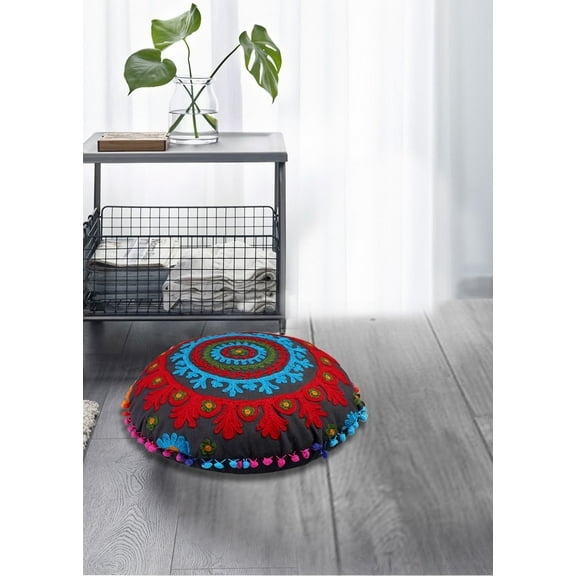Stylo Culture Ethnic Floor Pillow Cover Traditional Embroidered Suzani Round Bohemian Seating Black Small 18x18 Decorative Bohemian Pom Pom Lace Cotton Floral 1 Pc