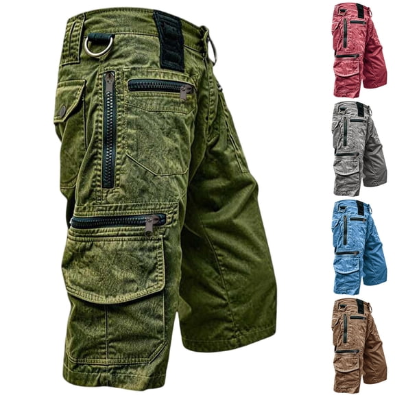 lcziwo Solid Color Shorts Men with Zip Pockets Denim Holiday Outdoor Trunks Beach Fishing Travel Work Shorts Coffee XXL