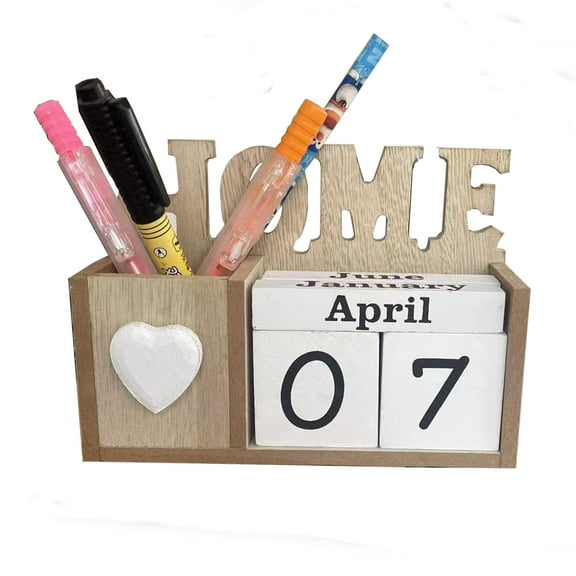 Wooden Desk Calendar with Pen Holder - Lifetime Calendar - Minimal Desk Calendar & Pen Holder - Mini Desk Organizer Wooden Perpetual Calendar Set for Desk Decor, Study Room, Home & Office