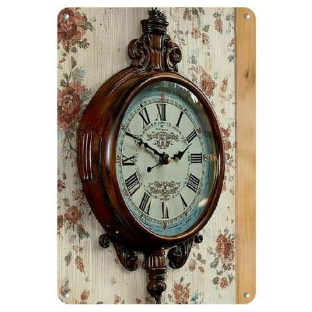 Vintage-Style Wooden Wall Clock And Tin Sign Decor Featuring Roman Numerals And Floral Designs, Measuring 8X12 Inches - Perfect for Living Rooms, Bedrooms, Kitchens, Offices, Etc.