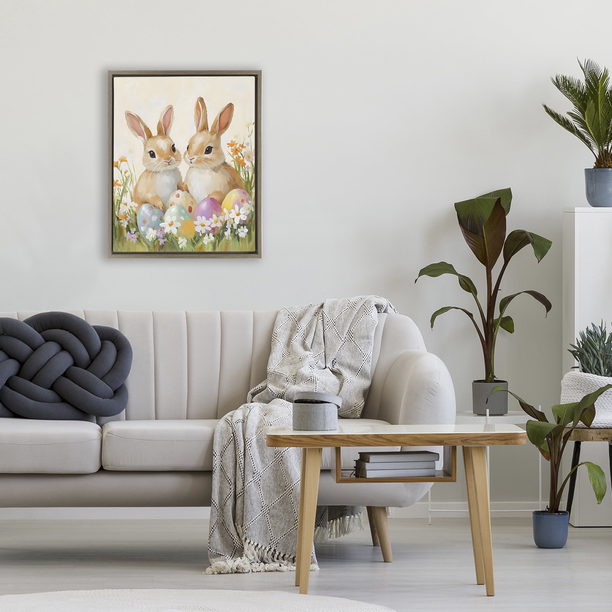 Stupell Industries Bunnies with Painted Easter Eggs Brown Framed Floater Canvas Wall Art, design by The Prints Vibe