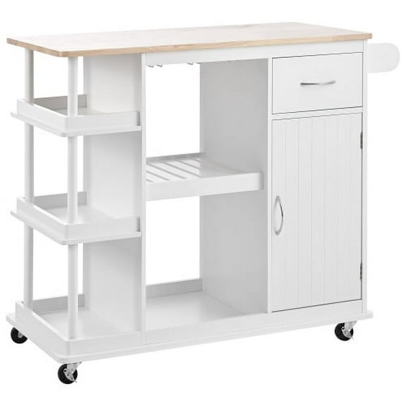 Kitchen Island Cart with Side Storage Shelves, Rubber Wood Top and Adjustable Storage Shelves, Kitchen Storage Cabinet with Wine Rack