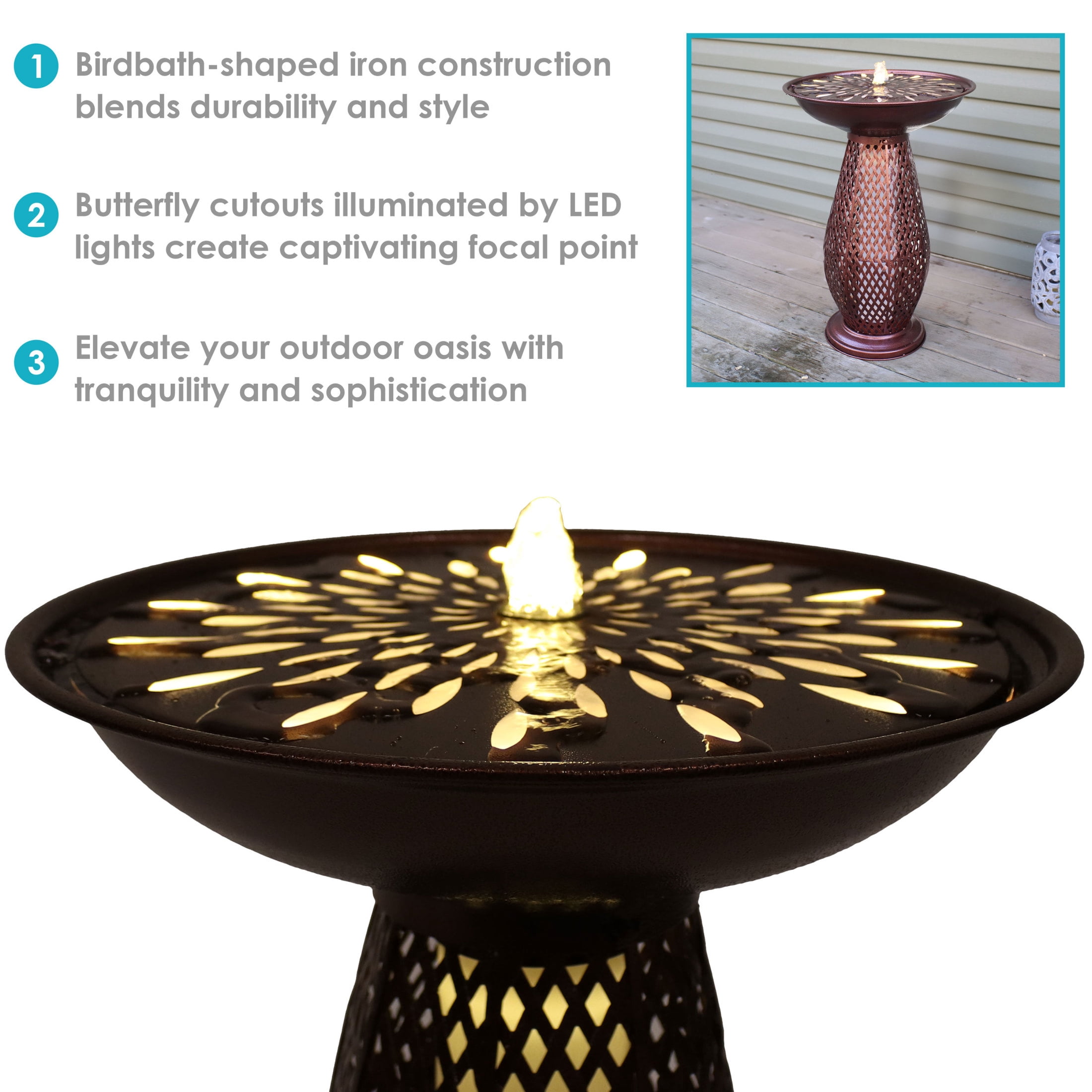 Sunnydaze Metal Crosshatch Outdoor Bird Bath Fountain with Lights