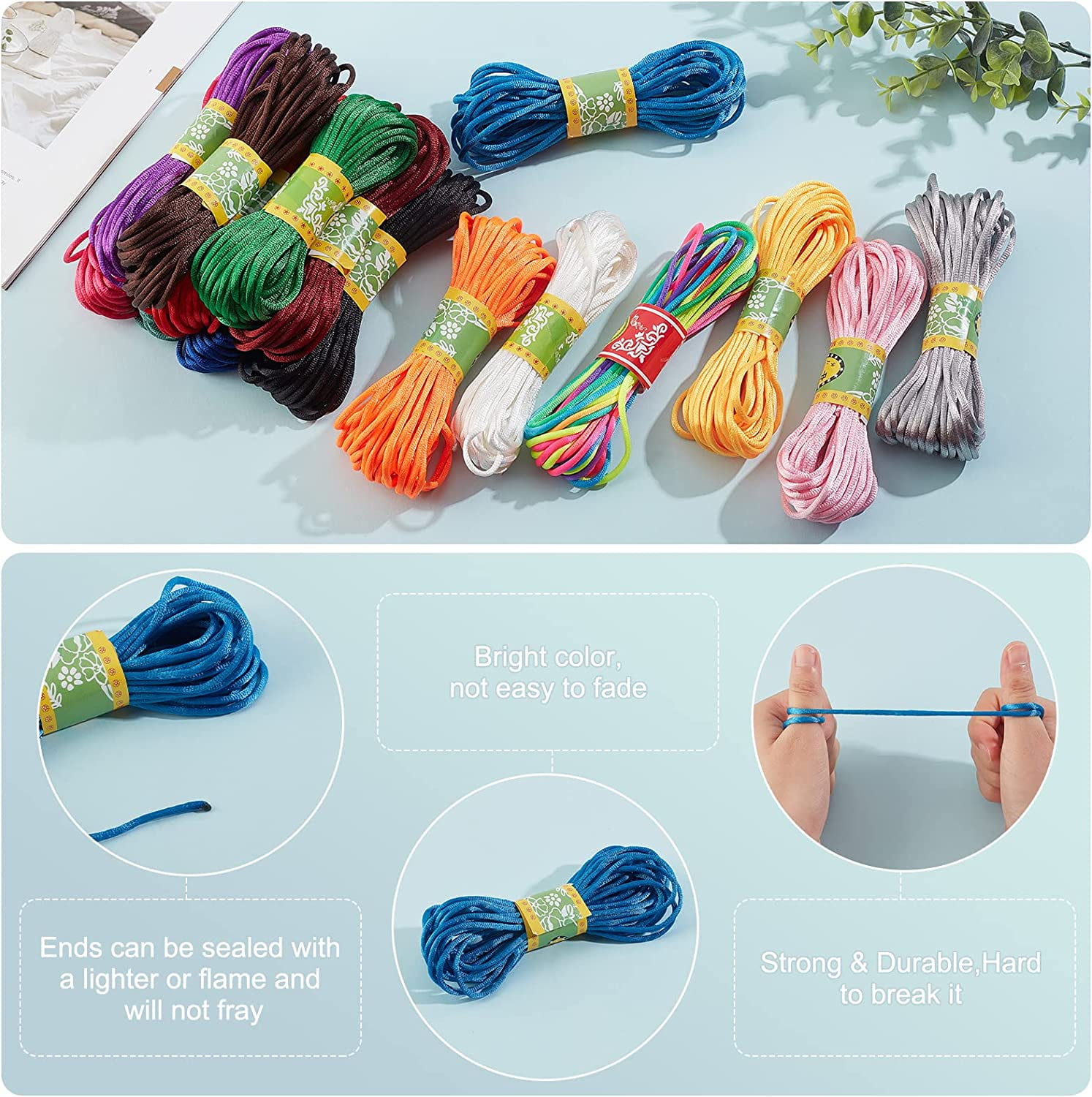 3mm Satin Nylon String 16 Colors Rattail Silk Cord 160 Yards Silk Bracelet String Beading String for Friendship Bracelet Necklace Chinese Knot Macramé Trim Dream Catchers Braid Hair Colorful