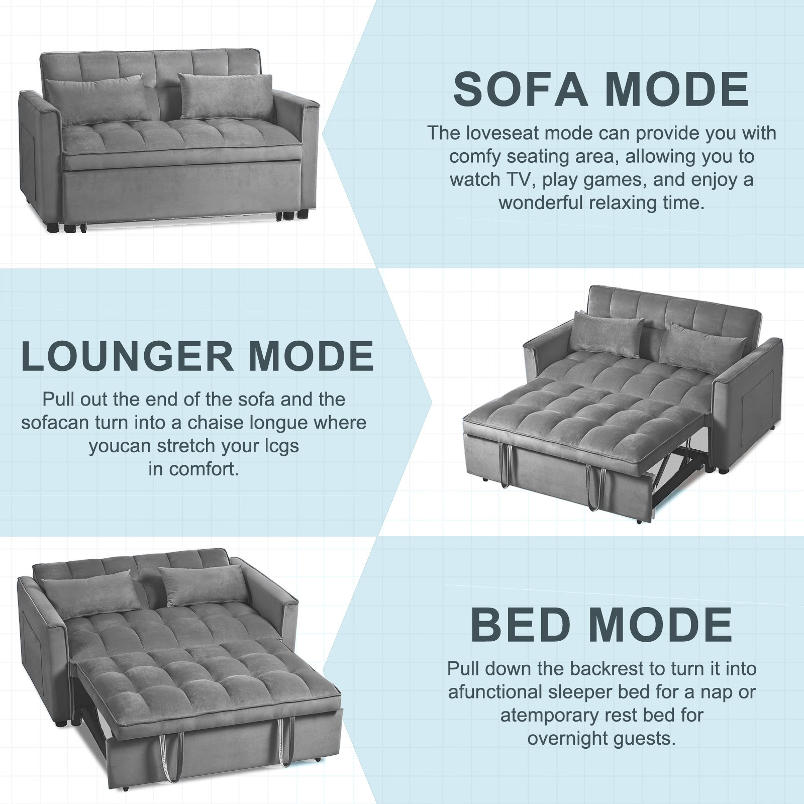 MAYEERTY 3-in-1 Velvet Convertible Sleeper Sofa Bed with Adjustable Backrest Pull-Out Couch for Living Room Apartment Small Space