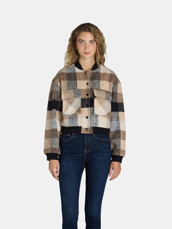 Juniors Plaid Cargo Bomber Jacket, Sizes XXS-XXL
