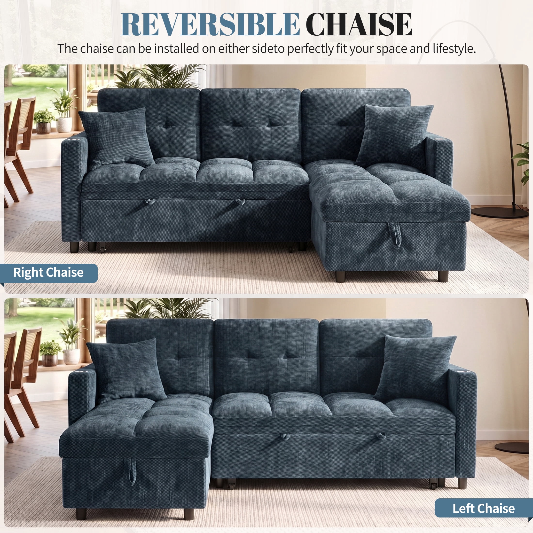 Aukfa 81" L Shape Sleeper Sectional Sofa Bed, Chenille Convertible Couch with Storage Chaise, Side Table & USB/Type-C Ports,Blue