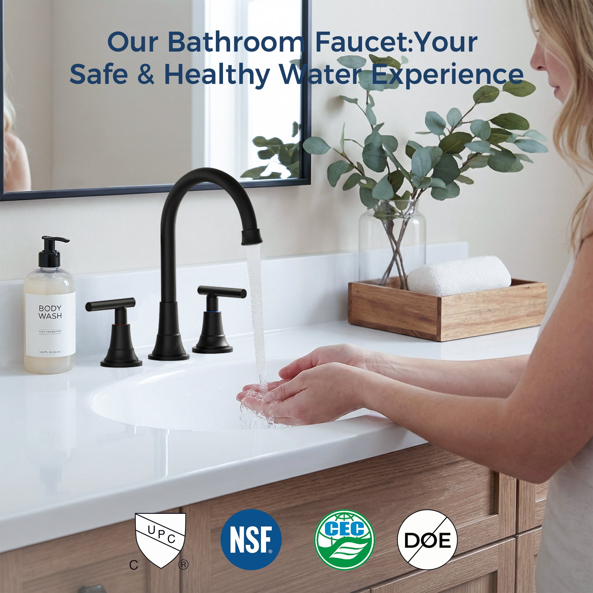 TVOFEK 8 inch Widespread Bathroom Sink Faucet 3 Hole with Pop up Drain and cUPC Hose, 2 Handle Matte Black Vanity Faucet with 360° Spout for Restroom, RV, Bar
