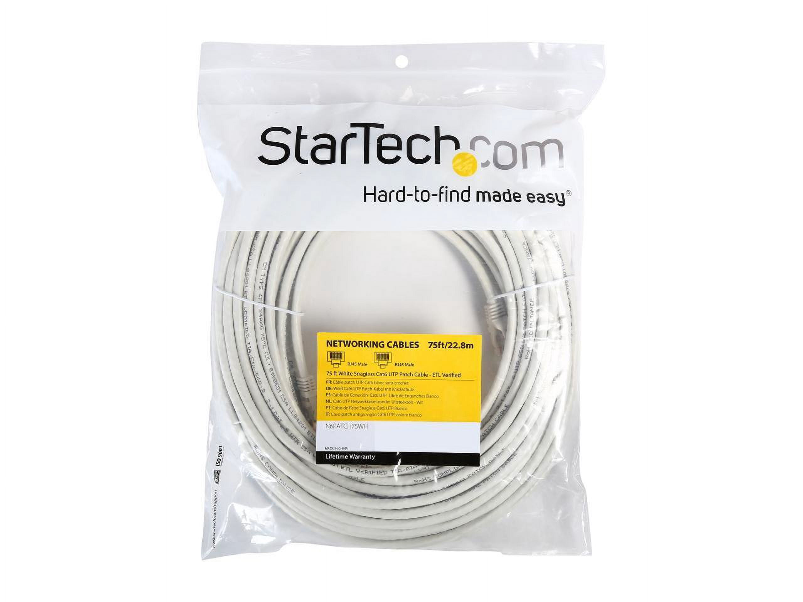 StarTech 75ft CAT6 Ethernet Cable - White CAT 6 Gigabit Ethernet Wire -250Mhz 100W PoE RJ45 UTP Network Patch Cord Snagless with Strain Relief (N6PATCH75WH)