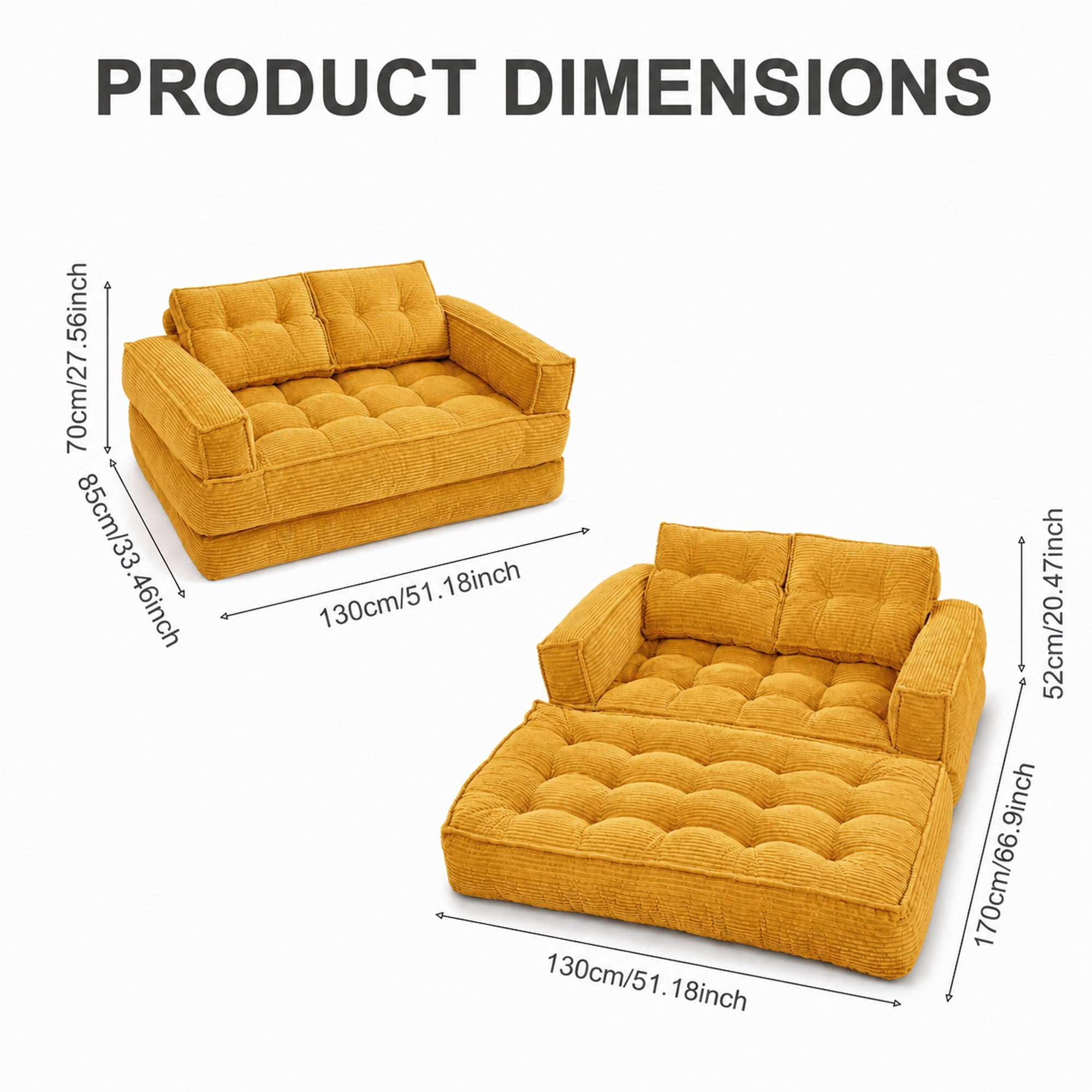 Howcool 51.18" Convertible Loveseat Sofa Bed,2-Seater Corduroy Fold-Out Floor Couch with Chaise Lounge,Deep Seat & Wide Armrests,No Assembly for Living Room Bedroom Apartment,Orange