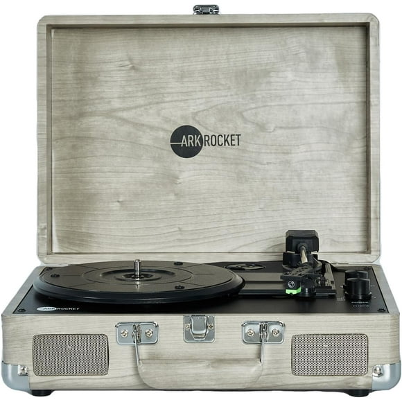 Arkrocket Curiosity Suitcase Bluetooth Turntable Vintage 3-Speed Record Player with Built-in Speakers Upgraded Turntable Audio Sound (Gray Wood Grain)