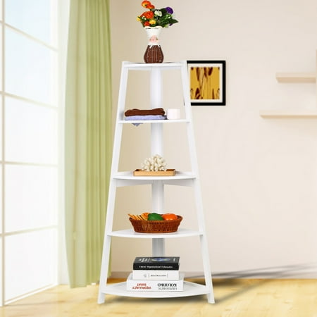 Corner Leaning Shelf Ejoyous Wooden White Modern 5-Tier Corner Ladder Shelf Bookshelf Storage Organizer Display Rack Stand, Corner Bookcase, 5-Tier Ladder Shelf ()