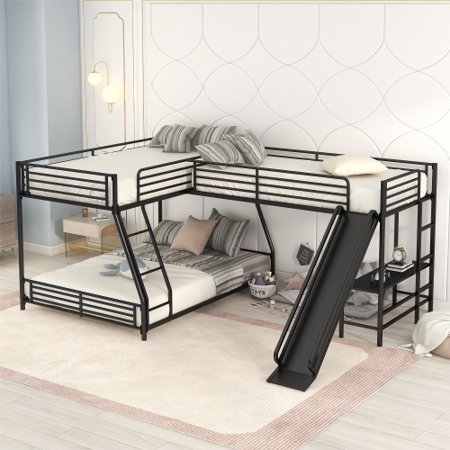 Twin over Full Bunk Bed L-Shaped Bunk Bed Frame with Built-in Desk and Slide Metal Bunk Bed for Boys and Girls No Box Spring Needed Black