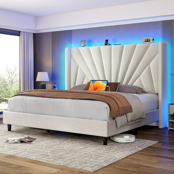 Romorgniz Queen Bed Frame with 51'' Tall Headboard Velvet Upholstered Bed Frame with Charging Station & LED Lights , Beige