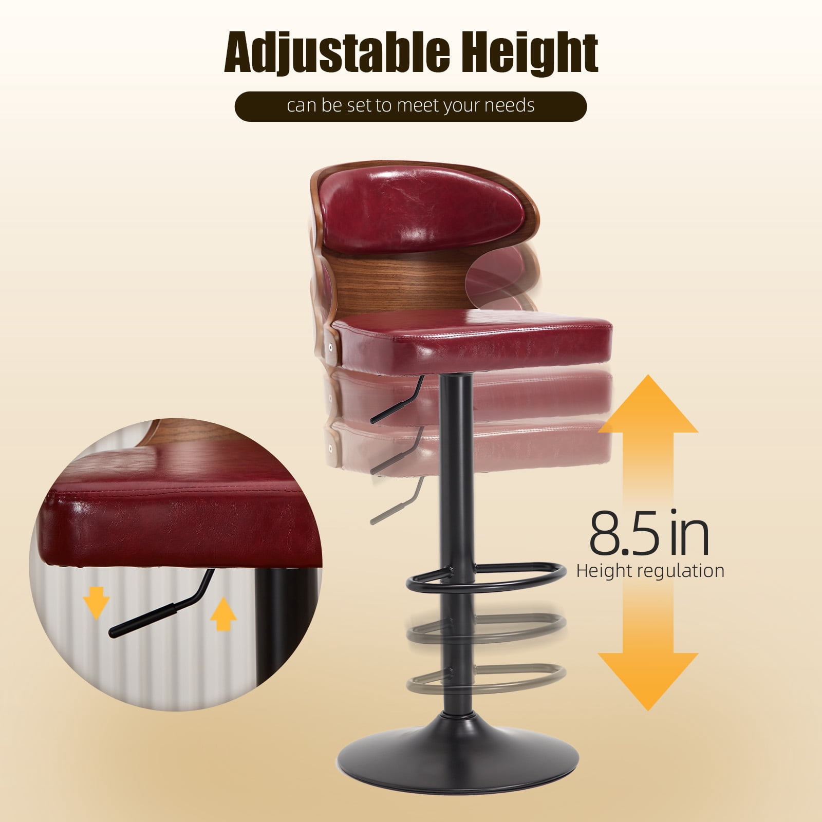 MOONMISS Swivel Bar Stools Set of 2, Wooden Kitchen Bar Chairs with Back, PU Leather Counter Height Barstools for Kitchen Island,Wine Red
